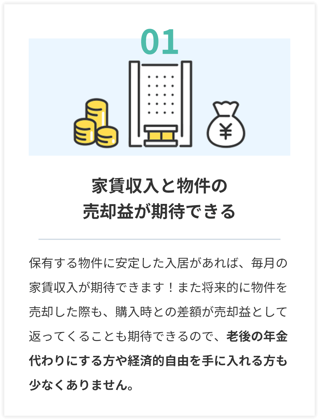 01 家賃収入と物件の売却益が期待できる
