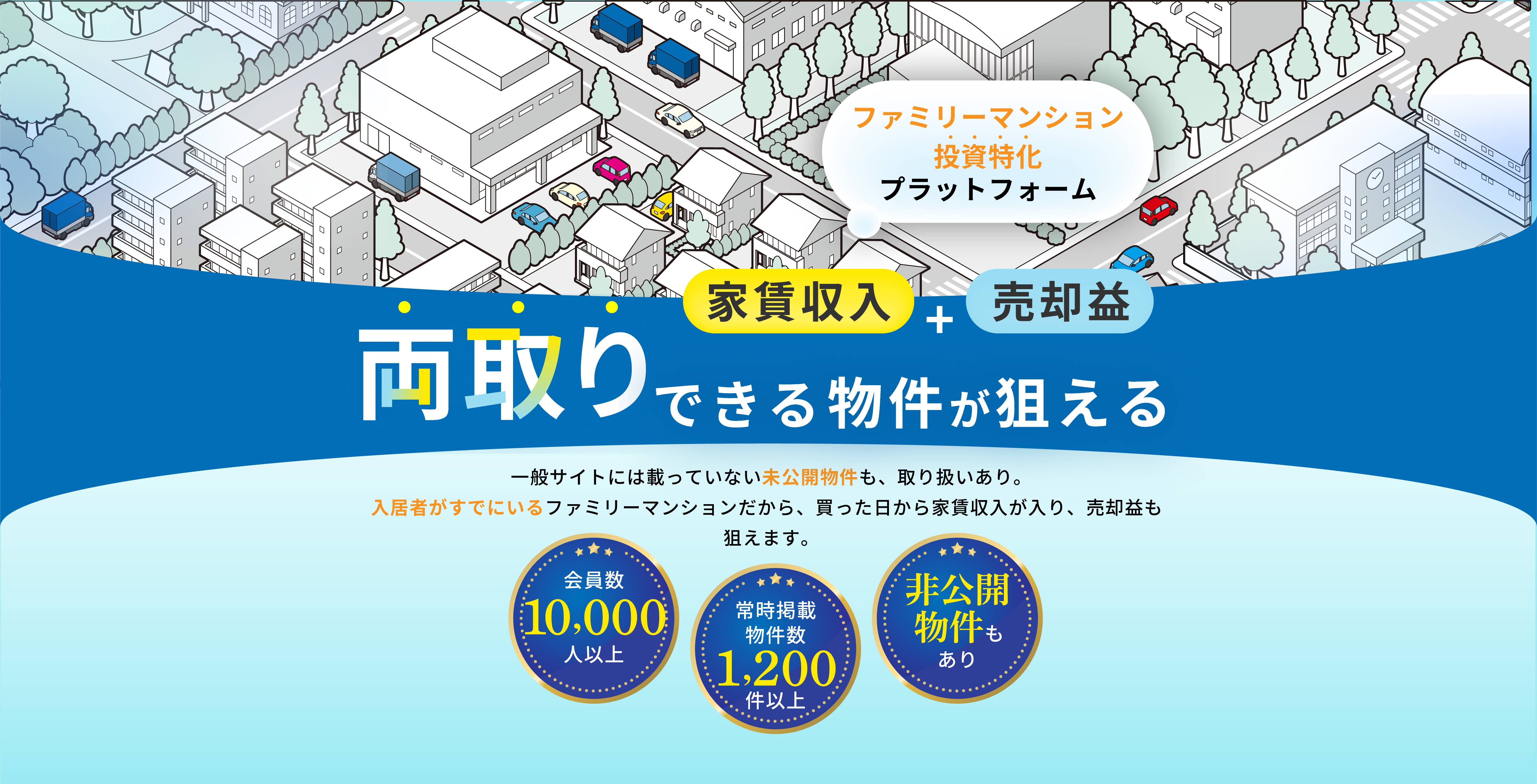 家賃収入＋売却益、両取りできる物件が狙える。一般サイトには載っていない未公開物件を、会員に先行公開。入居者がすでにいるファミリーマンションだから、買った日から家賃収入が入り、売却益も狙えます。会員数1万人以上、常時掲載物件数1200件以上、非公開物件も多数公開中。